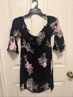 feathers Black Floral Mini Dress with Pink and Cream Accents